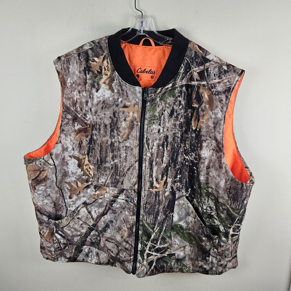 Cabela’s Woodlands Reversible Orange Tree Camo Zonz Zip Vest Mens Sz 3XL